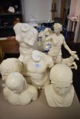 Six classically styled busts and studies, including woman with deer or similar on marble stand.