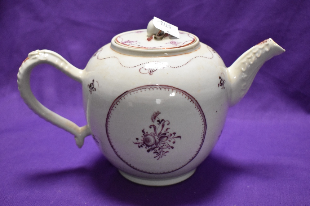 An 18th/19th Century Newhall pottery porcelaine teapot of bullet form, having mauve decoration. - Image 2 of 3