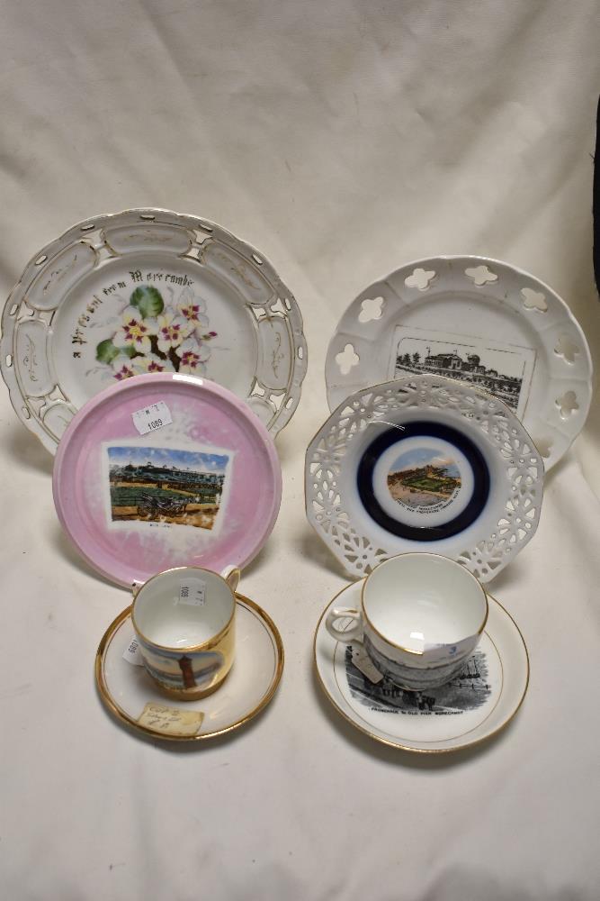 Two 19th Century porcelain souvenir teacups and saucers, both illustrated with scenes of - Image 2 of 2