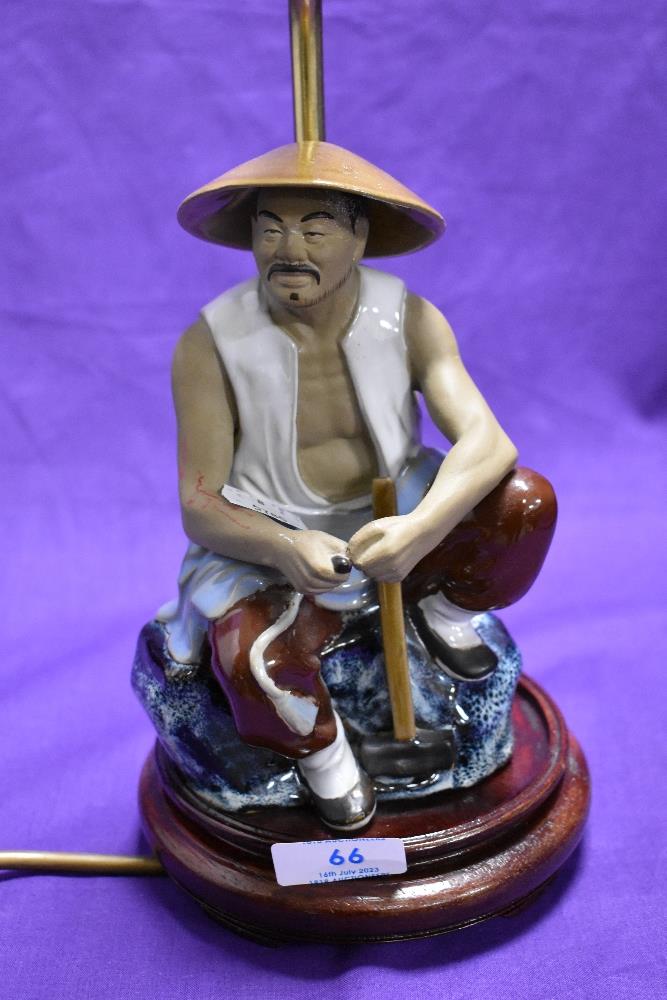 A modern decorative part glazed table lamp, modelled as Chinese craftsman - Image 2 of 3