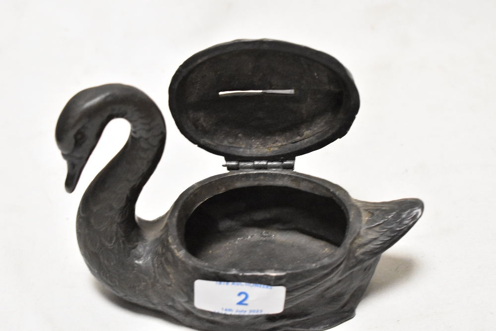 A 19th Century spelter money bank, in the form of a swan, the body with hinged lid, and measuring - Image 2 of 2