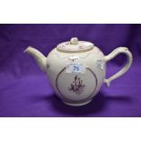 An 18th/19th Century Newhall pottery porcelaine teapot of bullet form, having mauve decoration.