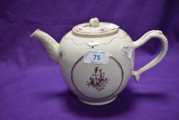 An 18th/19th Century Newhall pottery porcelaine teapot of bullet form, having mauve decoration.