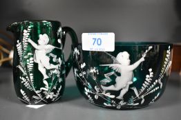 Two pieces of 19t Century green glass having Mary Gregory style cherub decoration