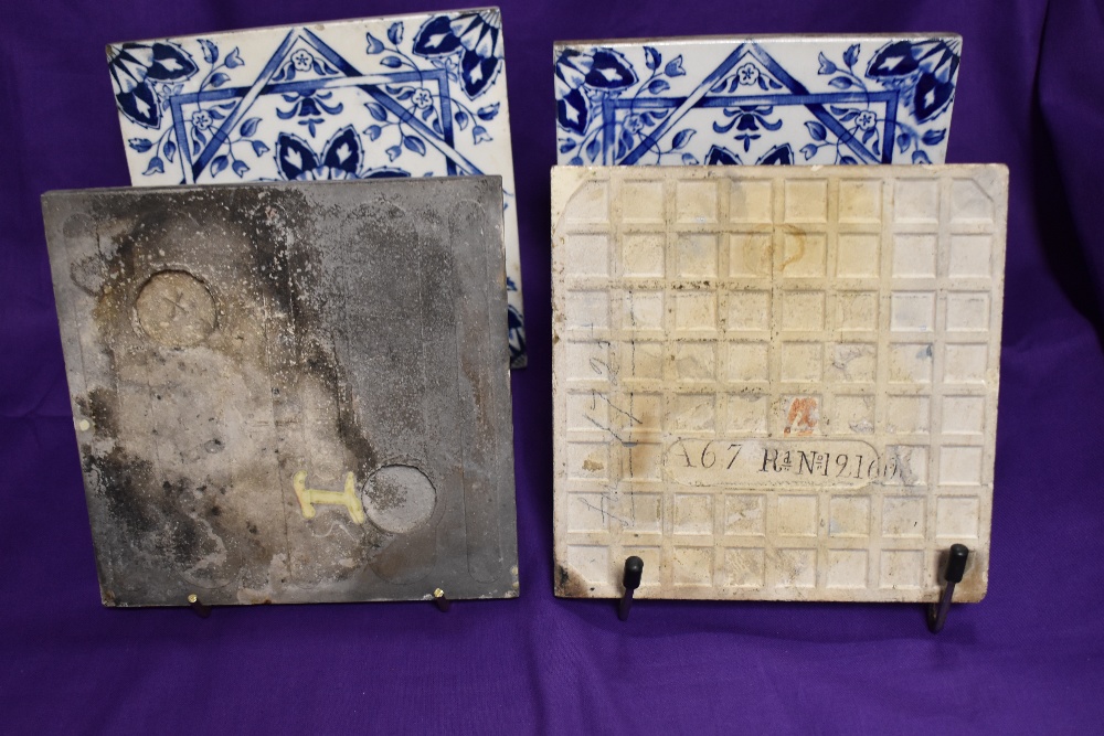 Four Victorian tiles, various designs including Art Nouveau, some stamped England to reverse - Image 2 of 2