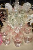 Eight rustic glass goblets, eight wine glasses with pink frosted glass stems and four matching