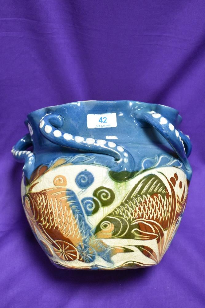 A Lauder Barnstaple, Barum Art Pottery fish bowl/jardiniere, height approx. 20.5cm with incised