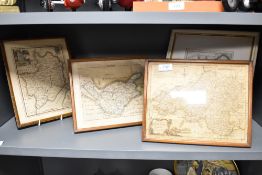 Four framed and glazed 19th/20th century hand tinted maps, of Hereford, Lancashire, South Wales