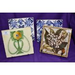 Four Victorian tiles, various designs including Art Nouveau, some stamped England to reverse