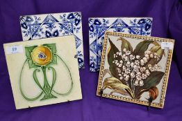 Four Victorian tiles, various designs including Art Nouveau, some stamped England to reverse