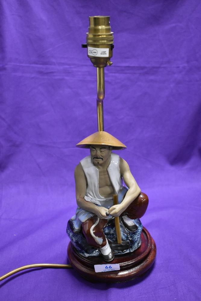 A modern decorative part glazed table lamp, modelled as Chinese craftsman