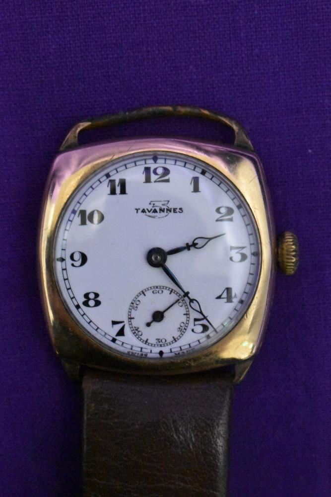 A vintage gold plated wristwatch by Tavannes having white enamel face having arabic dial with - Image 2 of 2