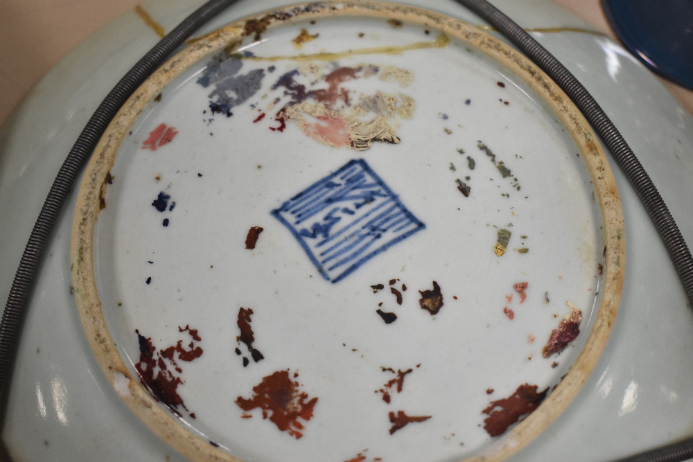 Two Chinese/in the Famile rose palettee, Cantonese plates, having blue ground with colourful - Image 2 of 2