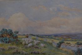 Charles James Adams (British 1859-1931) watercolour, droving sheep within a moorland landscape,