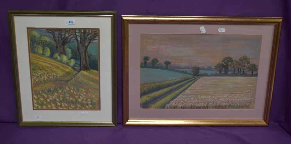 HCP (20th Century), pastel, two countryside landscapes, depicting a woodland path and a harvested - Image 3 of 6