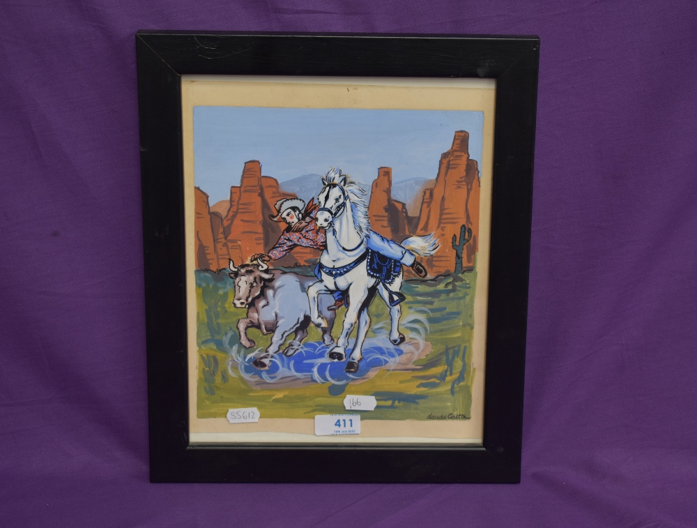 Claude Catta (20th Century), gouache, A comic style interpretation of a cowboy on horseback reaching - Image 2 of 4