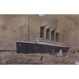 Two vintage sepia tone photographic prints of famous Ocean Liners, comprising R.M.S Lusitania &