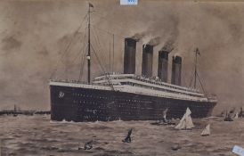 Two vintage sepia tone photographic prints of famous Ocean Liners, comprising R.M.S Lusitania &