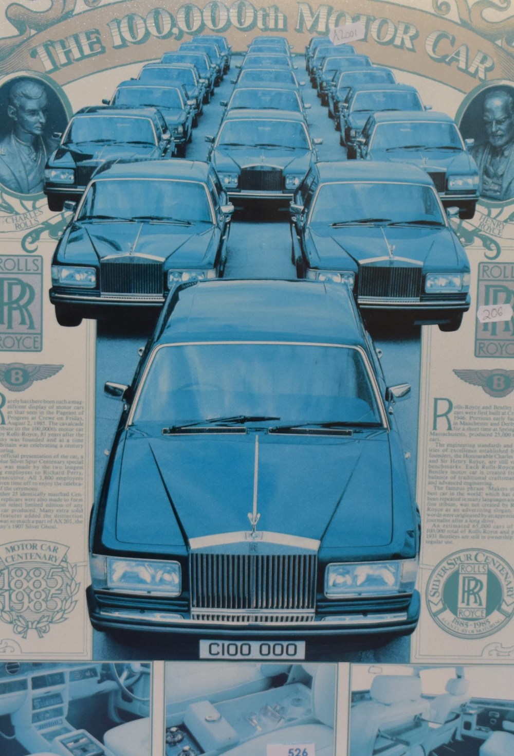 *Automobilia Interest - A 1980s coloured print, Rolls Royce 'The 100,000th Motor Car' 1885-1985