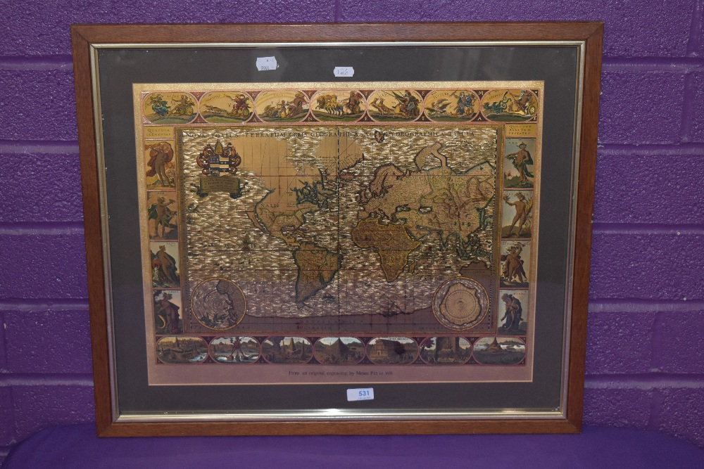 After Moses Pitt (1639-1697), print on gold foil, A world map seen through the eyes of Moses Pitt, - Image 2 of 3