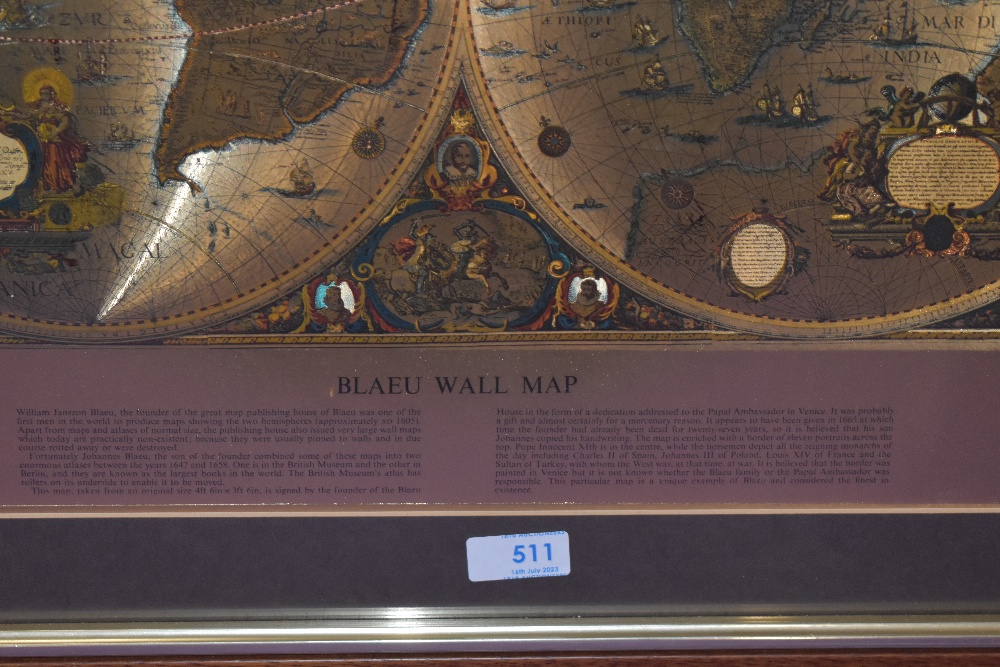 After Willem Janszoon Blaeu (1571-1638), print on gold foil, 'Blaeu Wall Map', a double hemisphere - Image 3 of 4