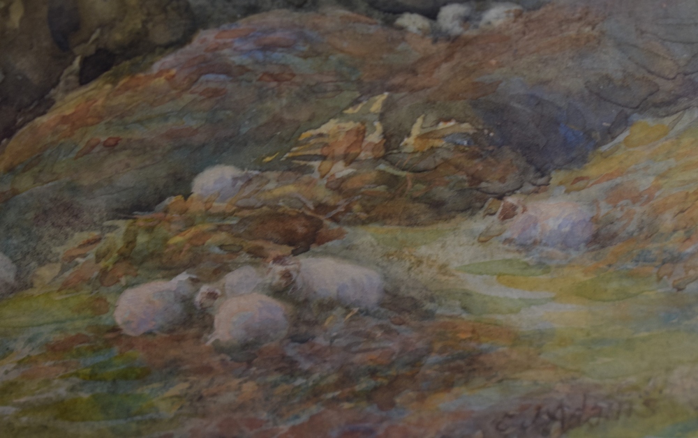 Charles James Adams (British 1859-1931) watercolour, sheep within a mountainous landscape with - Image 3 of 4