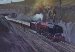 Peter Waddecar (20th Century, British), gouache, 'Duchess of Hamilton (locomotive) on the Settle-