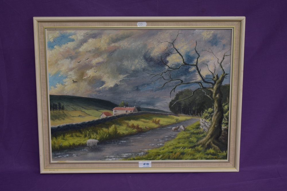 B.Miles (20th Century British), an amateur oil on board, 'Wensleydale', an atmospheric North - Image 2 of 4
