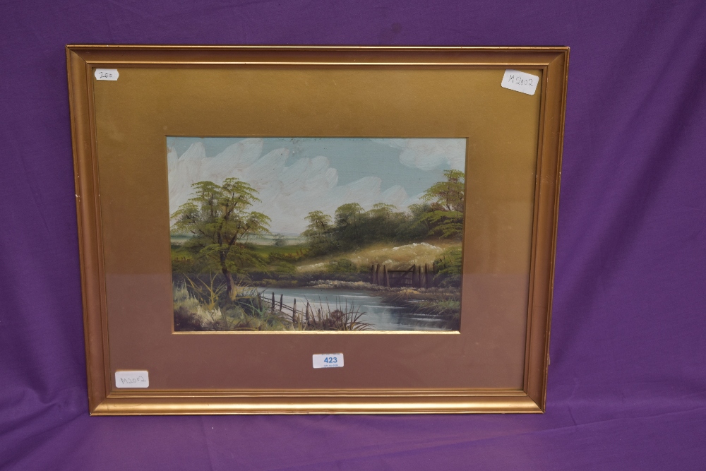 A 19th Century British School, oil on board, landscape with river to middle ground, framed and - Image 2 of 3