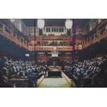 After Banksy (b.1974), triptych canvas print, 'Devolved Parliament', 52cm x 78cm overall, together