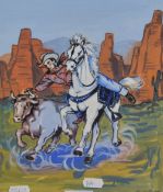 Claude Catta (20th Century), gouache, A comic style interpretation of a cowboy on horseback reaching