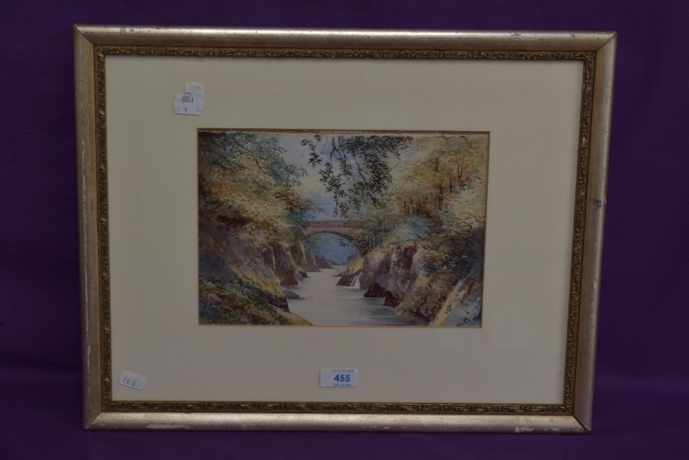 A late 19th/early 20th century British School watercolour, autumnal gorge with bridge, unsigned, - Image 2 of 3