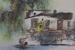 In the style of Maoshan Liu (20th Century Chinese School), mixed media, A Chinese water village,