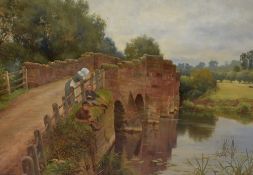 Sidney Currie (British act.1892-1930) oil on canvas, river scene with sandstone bridge and boys