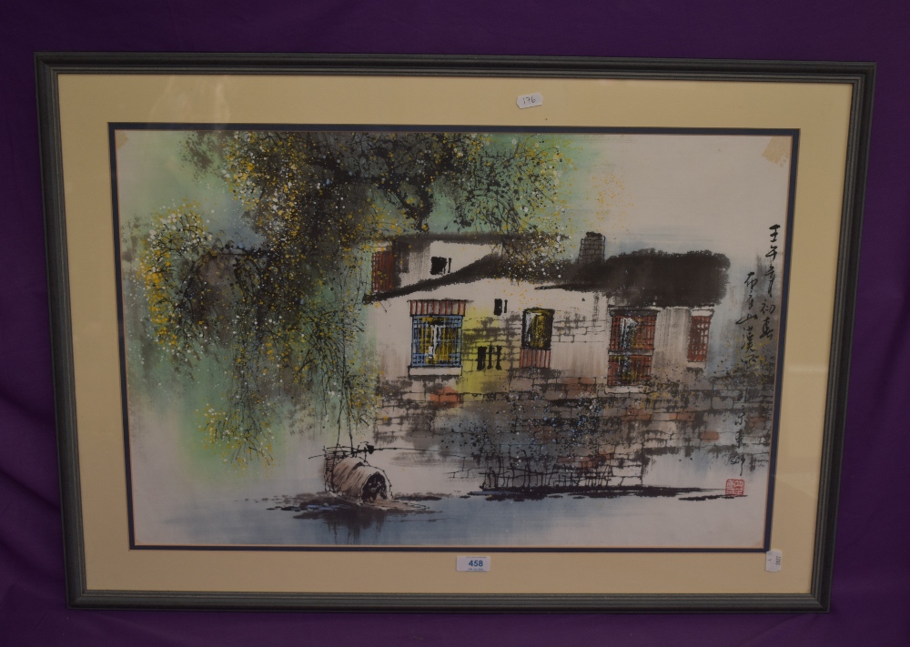 In the style of Maoshan Liu (20th Century Chinese School), mixed media, A Chinese water village, - Image 2 of 4