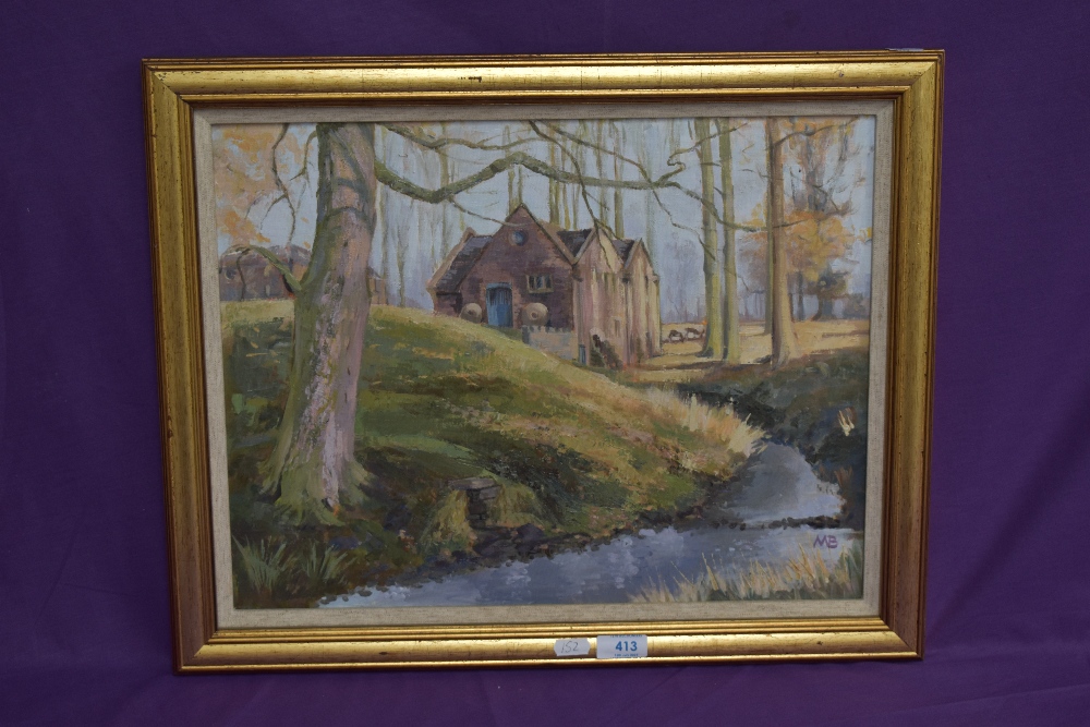 20th Century British School, oil on board, A red brick mill set within an autumnal woodland - Image 2 of 4