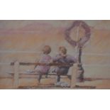After Brian Halton (20th Century, British), pastel, 'Morecambe Bay', a couple sitting on a promenade