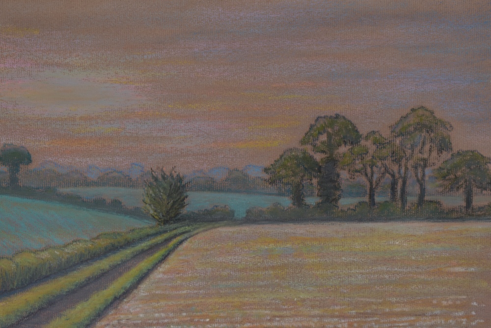 HCP (20th Century), pastel, two countryside landscapes, depicting a woodland path and a harvested - Image 2 of 6