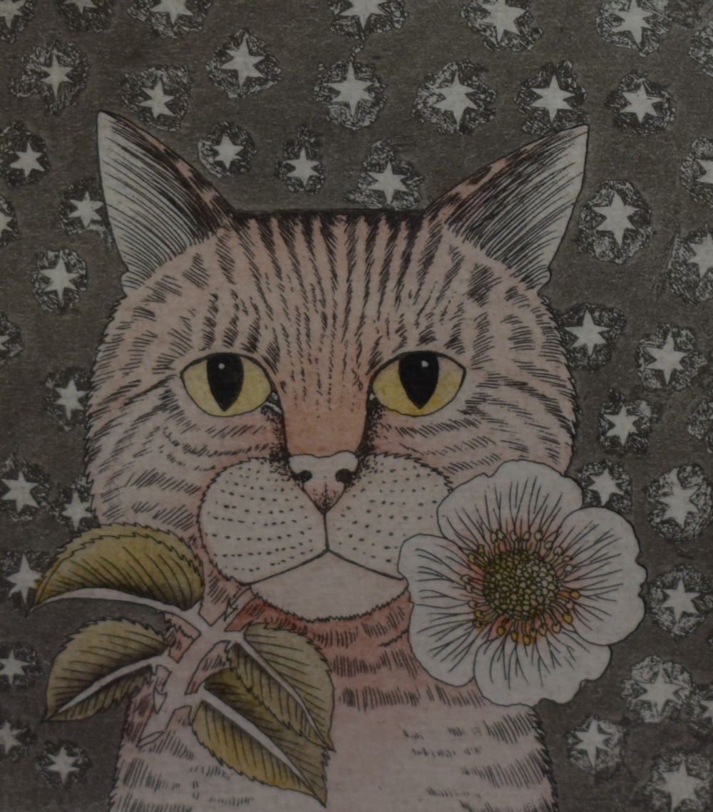 Helen Mortley (20th Century, British), coloured prints, 'Wren' & 'cat', limited editions 5/100 and