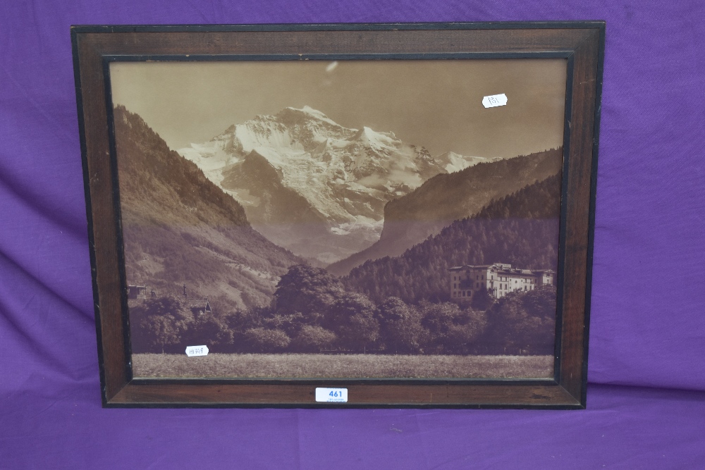 A sepia tone photographic print of an Alpine mountain view, displayed in a 20th Century oak frame, - Image 2 of 3