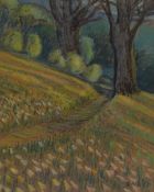 HCP (20th Century), pastel, two countryside landscapes, depicting a woodland path and a harvested