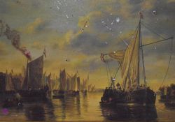 After Unknown Artist, colour print, A Dutch maritime scene depicting masted vessels in calm water,