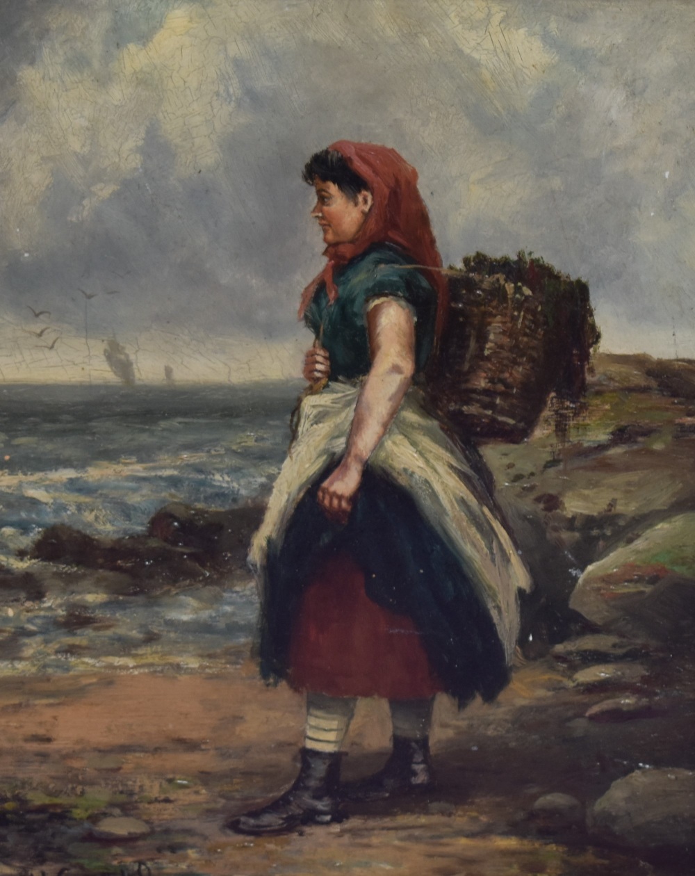 H. Creict (19th Century British School), oil on board, 'The Seaweed Gatherer', a painting of