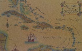 After Xandra Fisher (20th Century, American), a coloured print, A map of 'West Indies and The