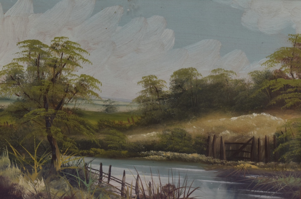 A 19th Century British School, oil on board, landscape with river to middle ground, framed and