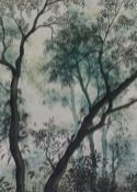 V.James (20th Century, British), watercolour, A contemporary depiction of a deep green woodland