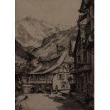 Gertrude Ellen Hayes (1872-1956), etchings, Continental street scene with alpine backdrop &