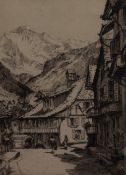 Gertrude Ellen Hayes (1872-1956), etchings, Continental street scene with alpine backdrop &