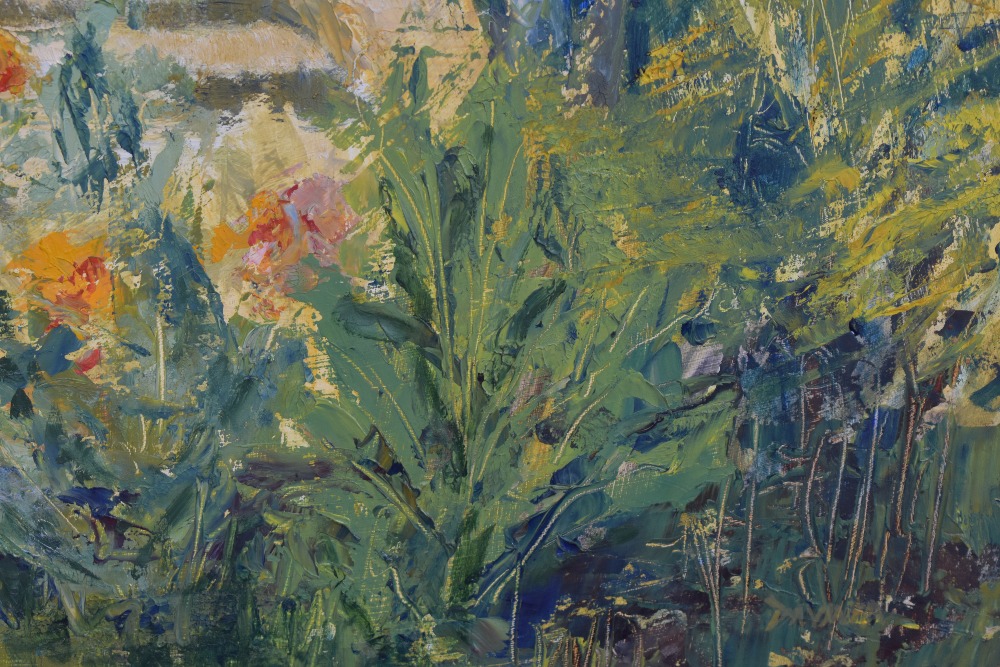 Davinia Hitchcock (20th Century, British), oil on board, 'Bygone Vintage', an attractive garden - Image 3 of 4