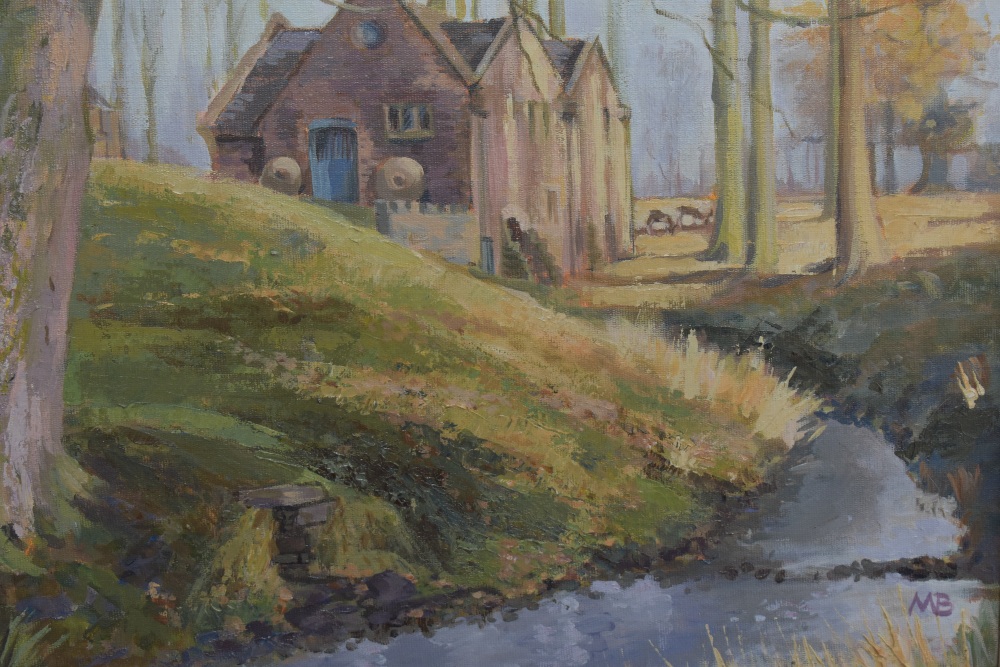 20th Century British School, oil on board, A red brick mill set within an autumnal woodland - Image 3 of 4